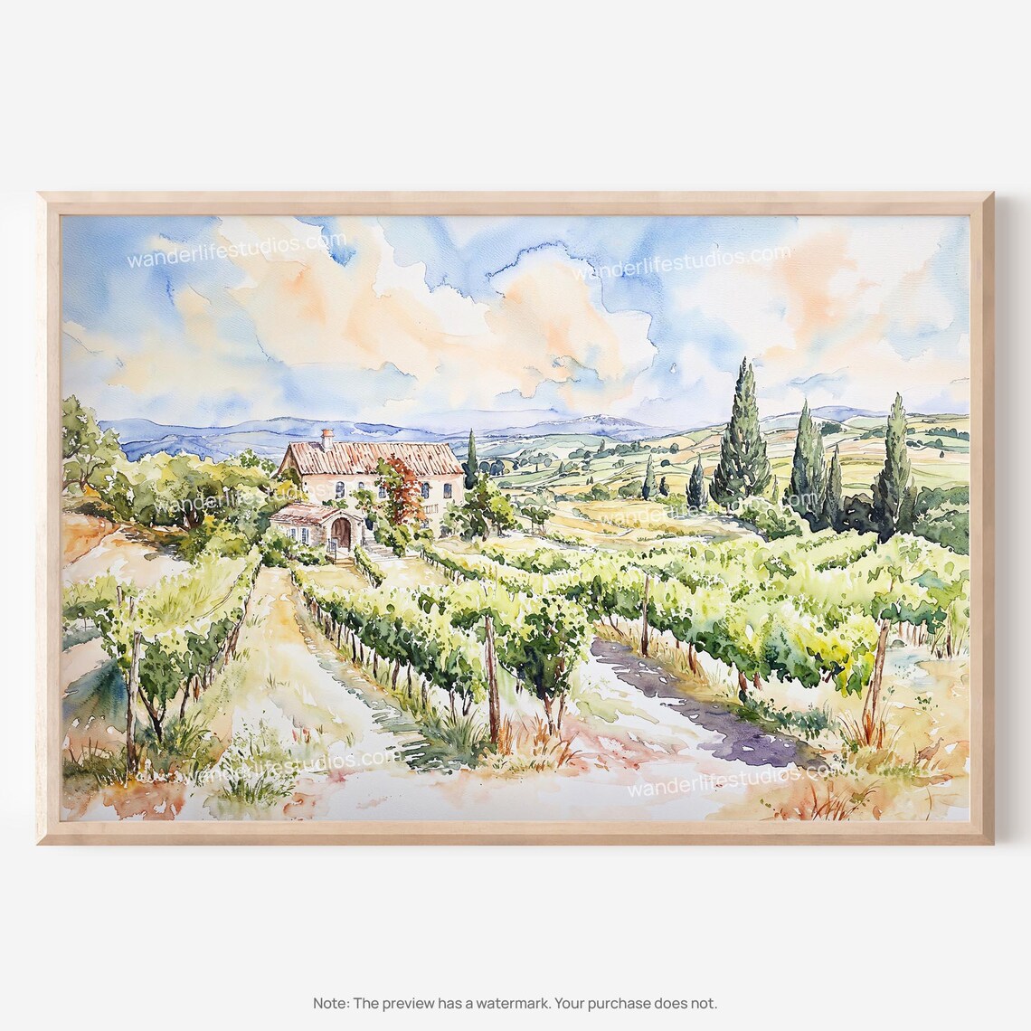 Napa Valley Winery Farmhouse Watercolor Vineyard Wine Art Poster