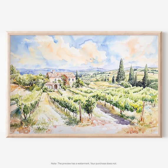 Napa Valley Winery Farmhouse Watercolor Vineyard Wine Art Poster