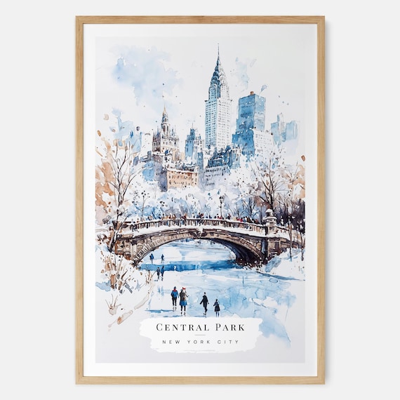 Central Park Winter Watercolor Bow Bridge Ice Skaters Poster