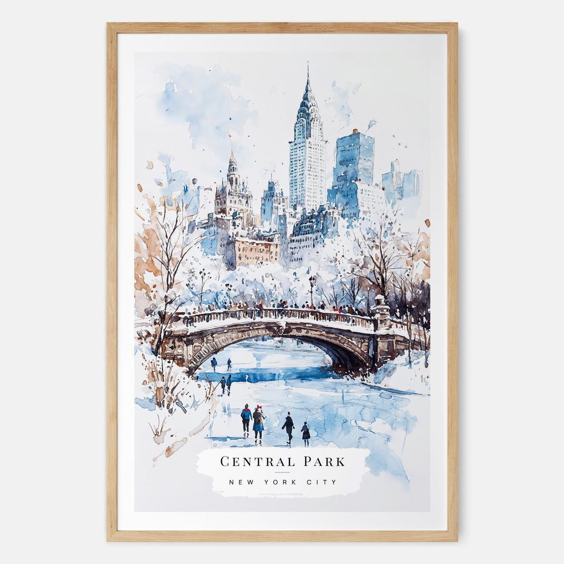 Central Park Winter Watercolor Bow Bridge Ice Skaters Poster
