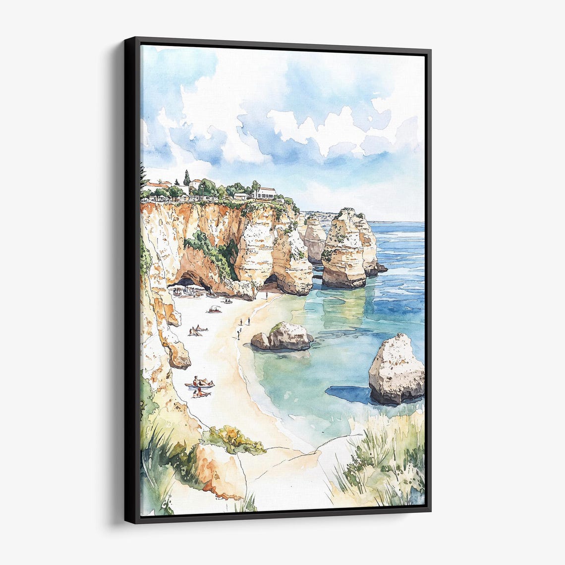 Algarve Portugal Golden Cliffs Beach Sea Stacks Watercolor Poster