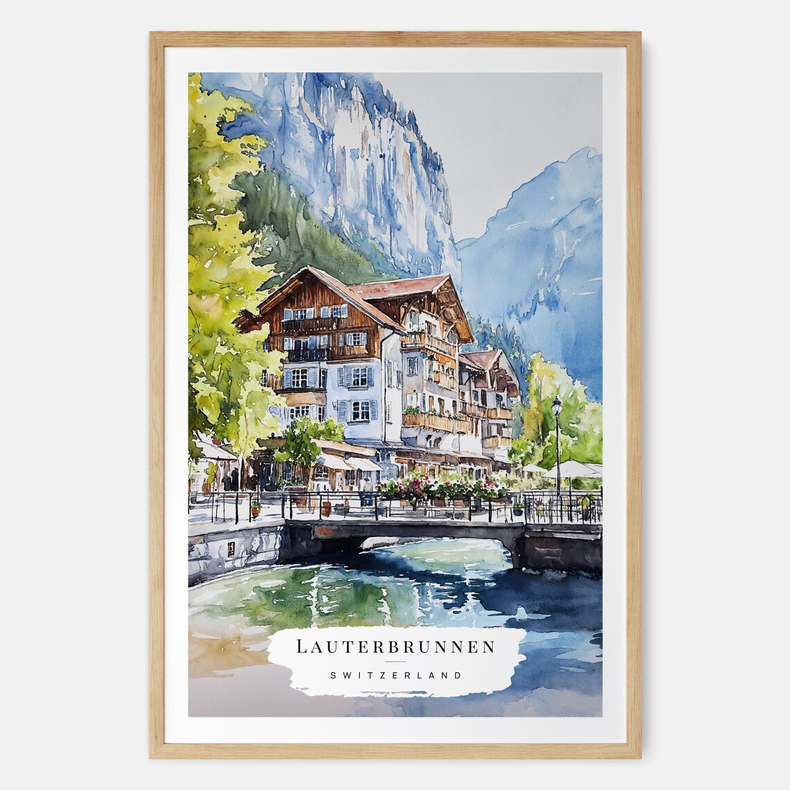 Lauterbrunnen Switzerland Alpine Village Watercolor Travel Poster