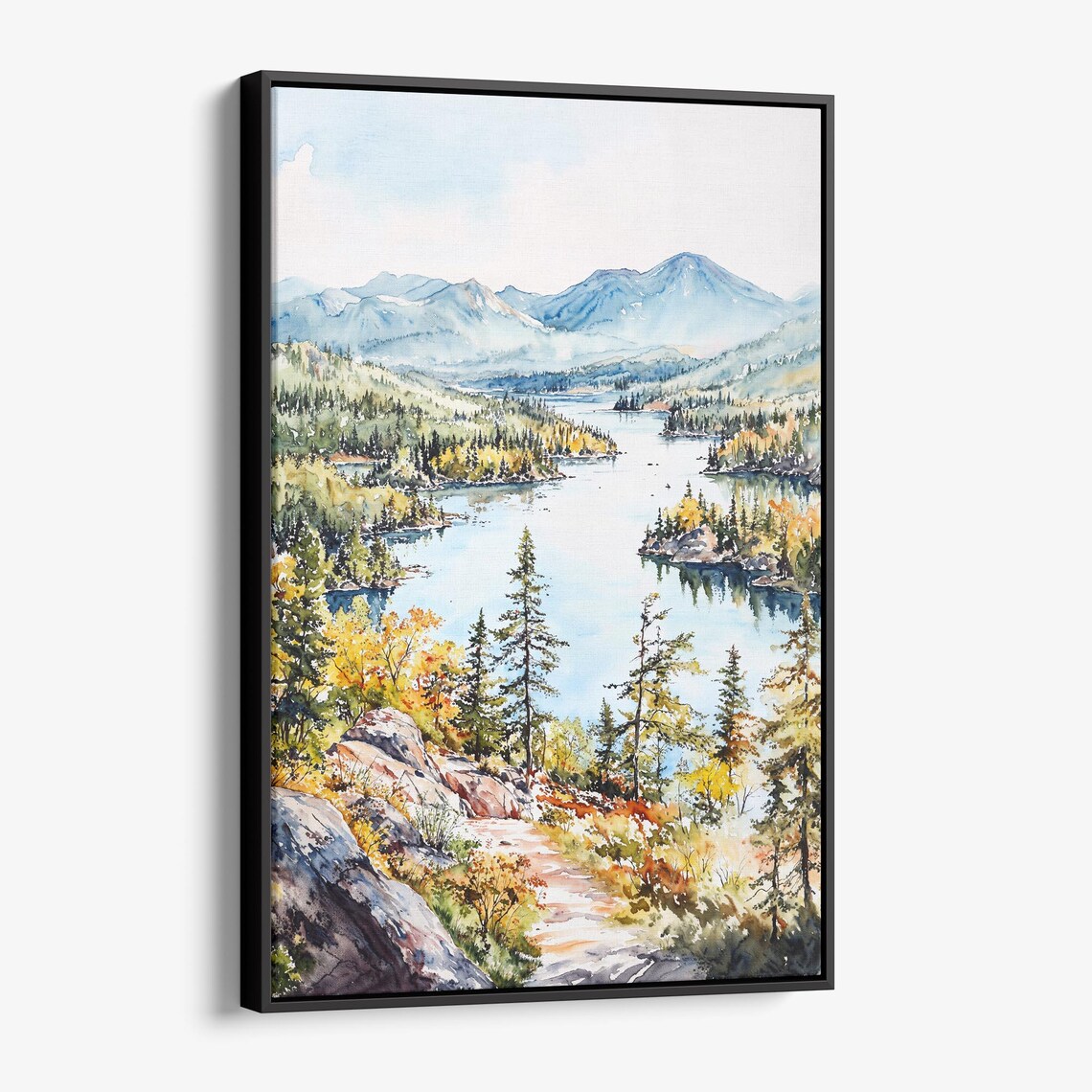 Adirondack Mountains Lake Pines Autumn Watercolor Landscape Poster