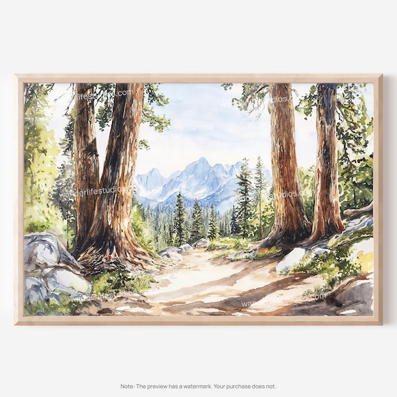 Sequoia National Park Giant Trees Watercolor Forest Art Poster