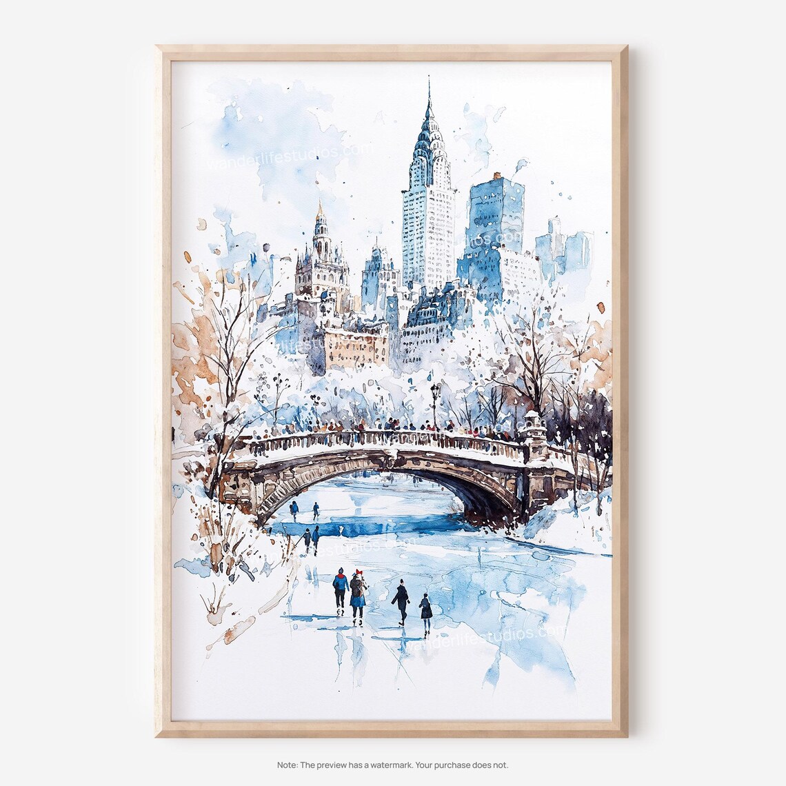 Snowy Central Park Ice Skaters Chrysler Building Watercolor Poster