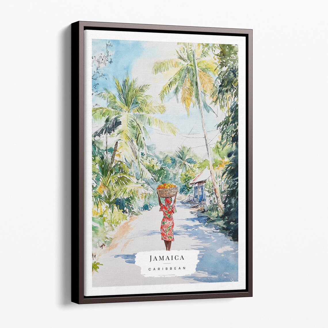 Jamaica Caribbean Palm Street Woman Fruit Basket Watercolor Travel Poster