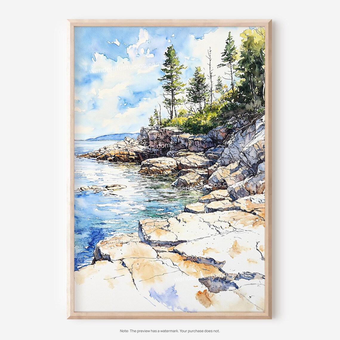 Acadia National Park Rocky Coast Watercolor Landscape Art Poster
