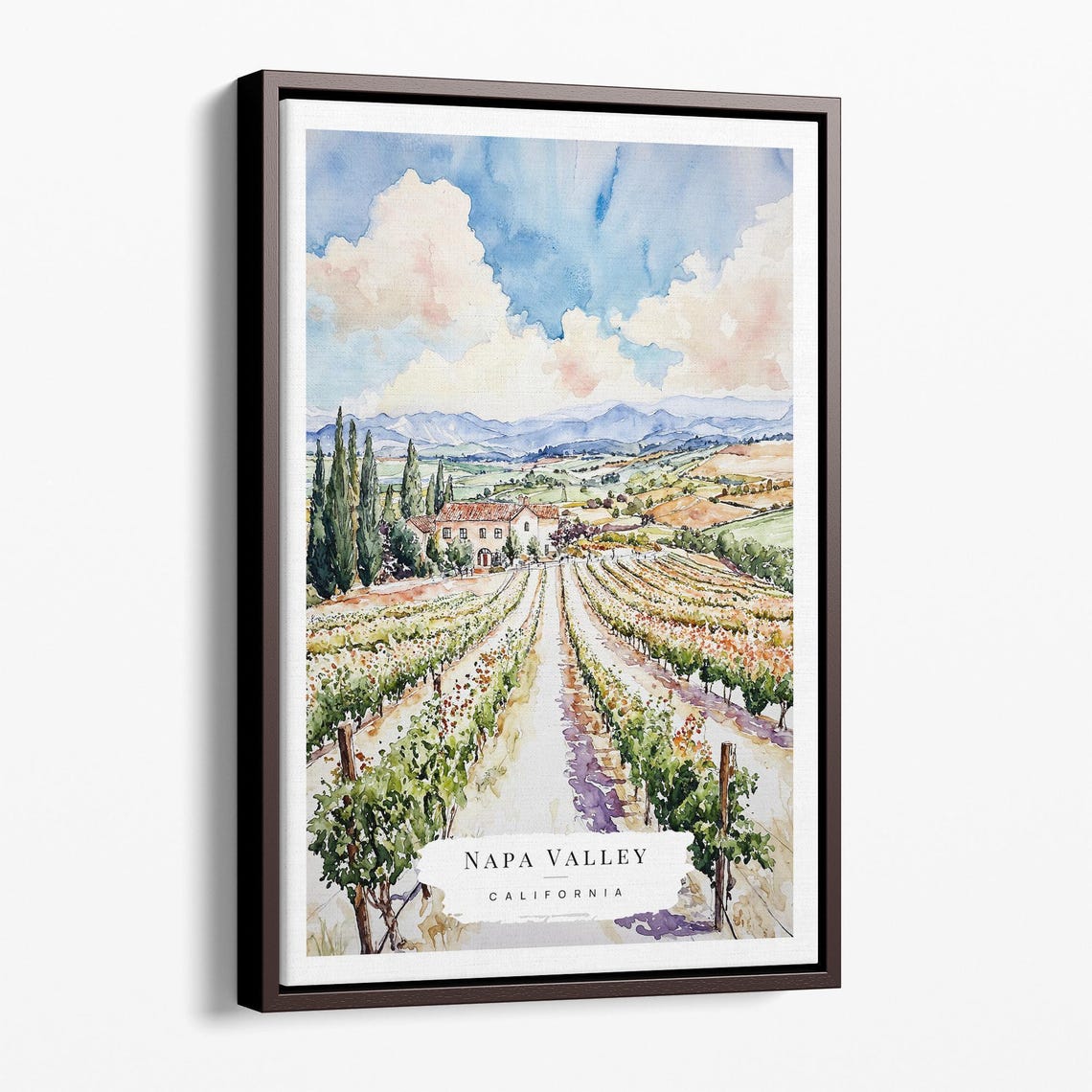 Napa Valley California Vineyard Rows Watercolor Travel Poster
