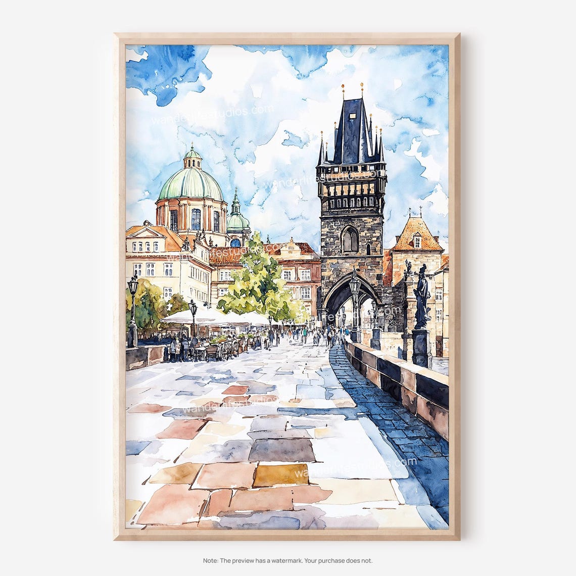 Prague Charles Bridge Gothic Towers Watercolor Travel Poster