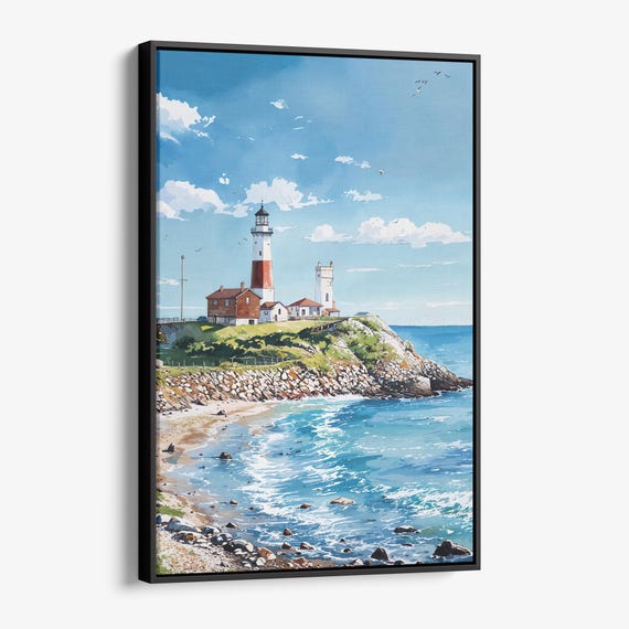 Montauk Lighthouse Canvas Print Watercolor Coastal Home Decor