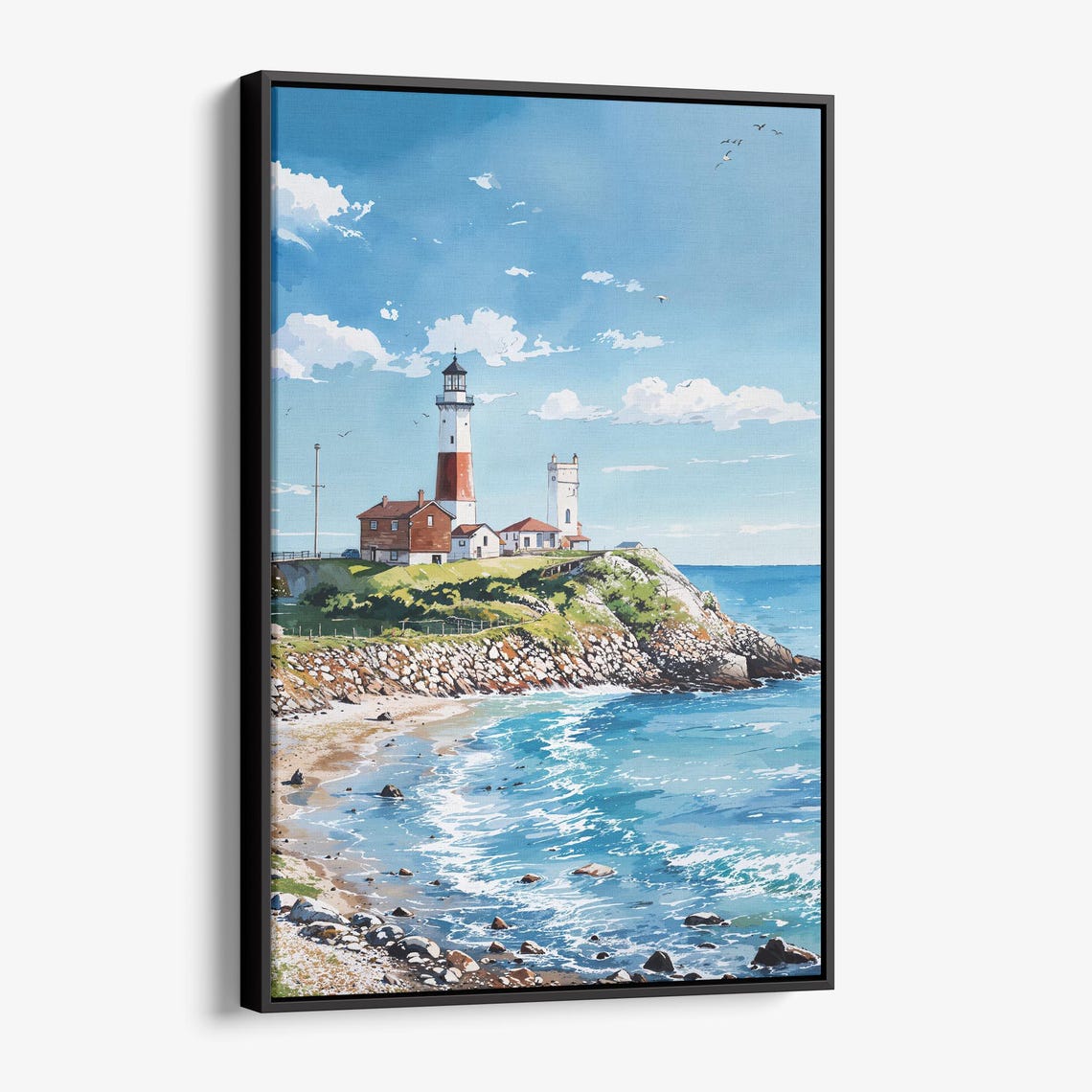 Red White Lighthouse Rocky Coast Ocean Watercolor Art Poster