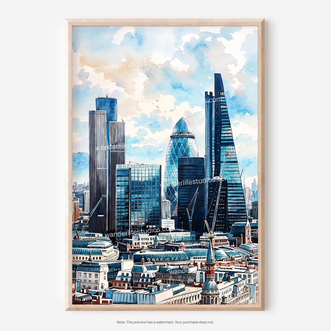 London Skyline Wall Art Watercolor Style Print