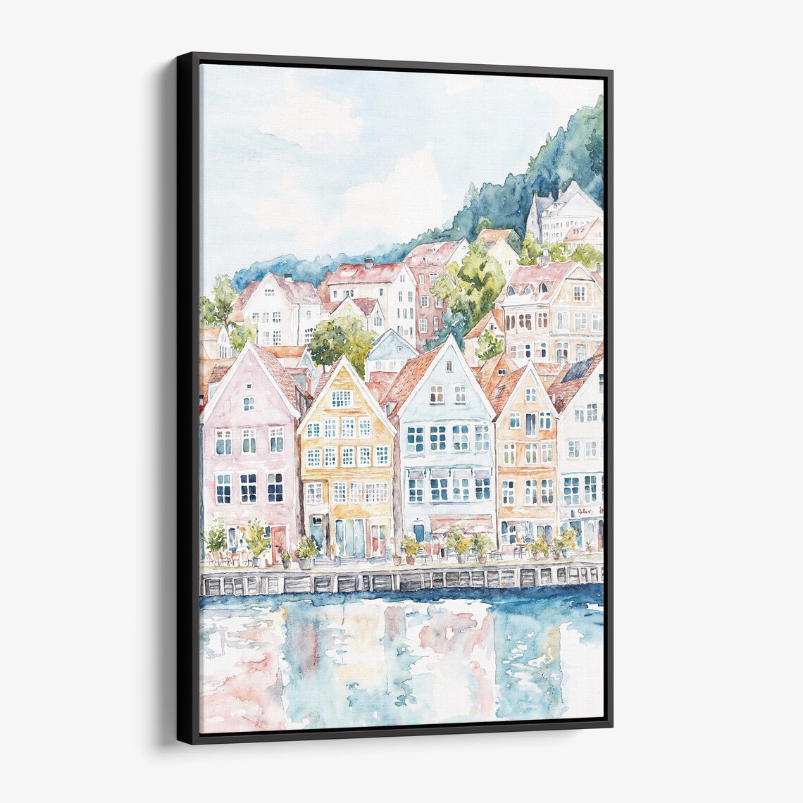 Bergen Norway Colorful Waterfront Houses Watercolor Landscape Poster