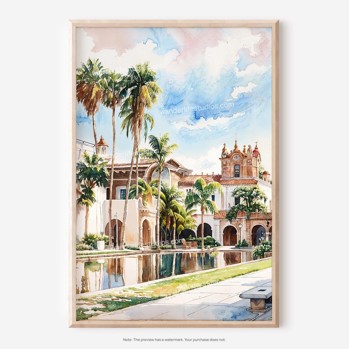 Balboa Park San Diego Spanish Plaza Palm Trees Watercolor Poster
