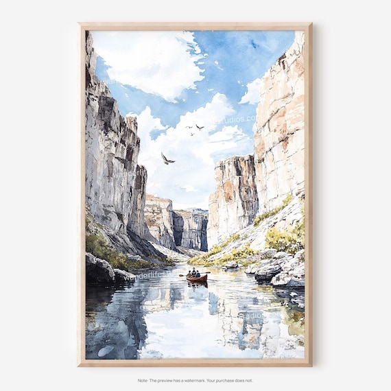 Big Bend National Park Rio Grande Canyon Canoe Watercolor Painting Poster