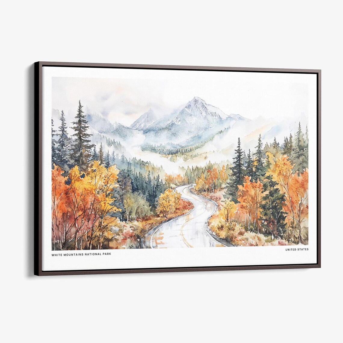 White Mountains Autumn Watercolor Landscape Art Print
