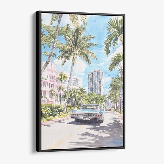 Miami Vintage Car Palm Trees Art Deco Watercolor Travel Poster