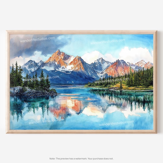 Lake Clark National Park Alaska Snowy Peaks Mirror Lake Watercolor Poster