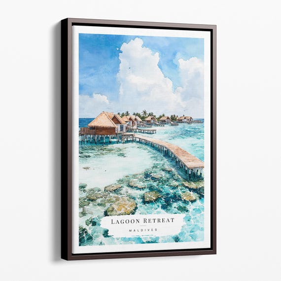 Maldives Watercolor Canvas Art Print Lagoon Retreat Wall