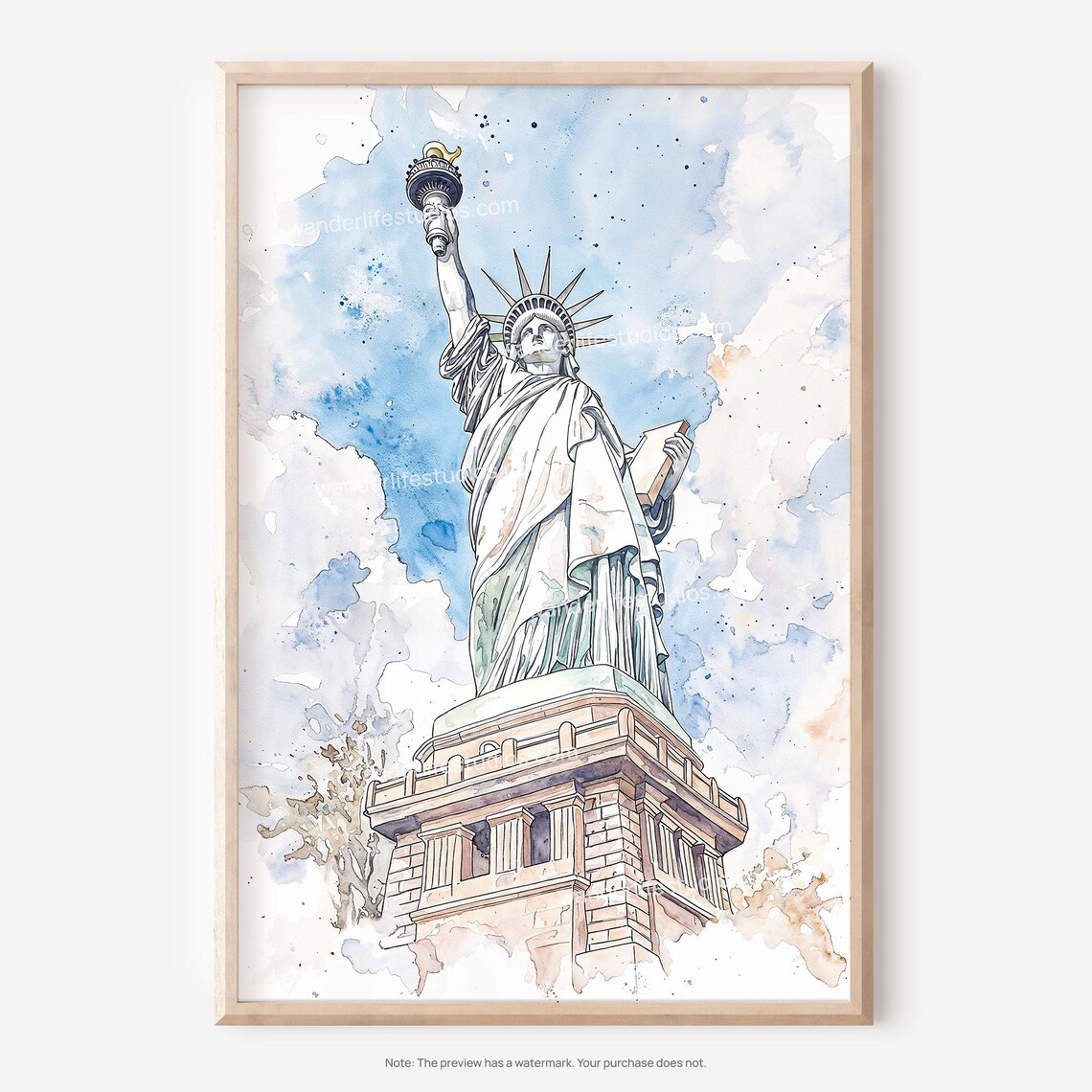 Statue Of Liberty Watercolor Torch Raised Sky Blue Landmark Poster