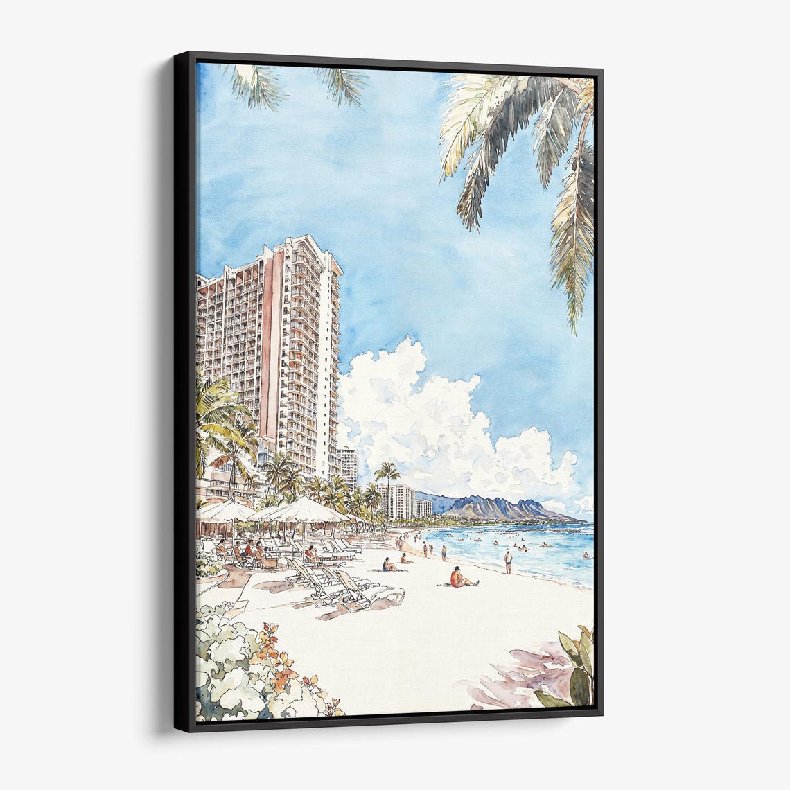 Waikiki Beach Watercolor Hotels Diamond Head Honolulu Poster