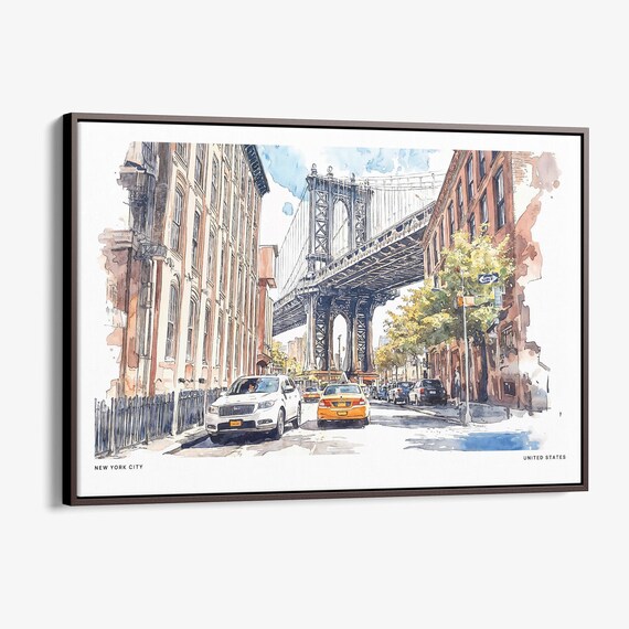 Manhattan Bridge Dumbo New York City Street Watercolor Travel Poster