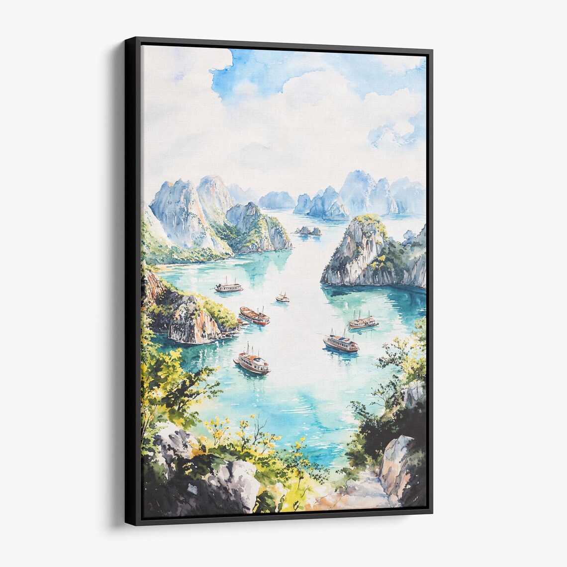 Ha Long Bay Limestone Karsts Boats Watercolor Vietnam Poster Art