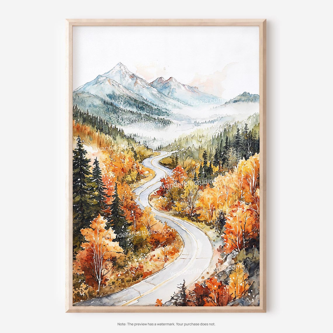 Autumn Mountain Road Watercolor Golden Fall Foliage Scenic Poster