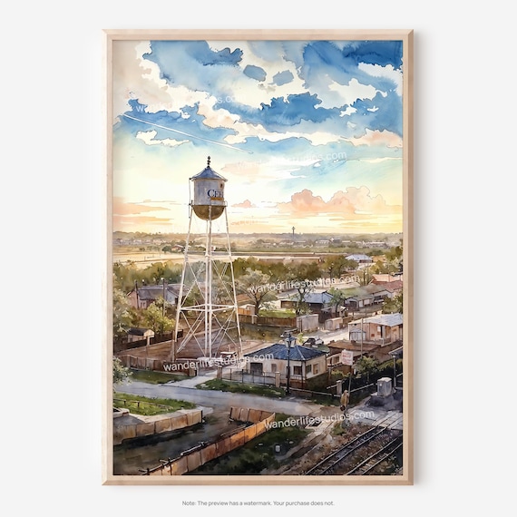 Celina Texas Water Tower Sunset Watercolor Small Town Poster Art