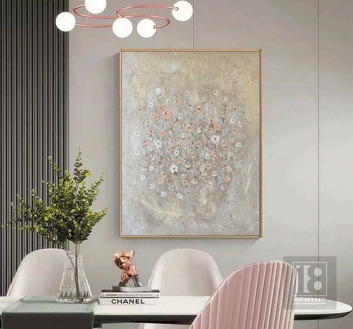 Tiny White and Pink Wildflowers on Beige Textured Botanical Art Poster - Image 3