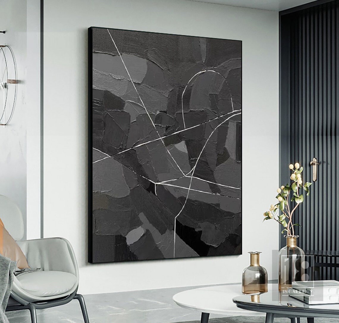Charcoal Black Textured Abstract Painting With White Line Veins Poster - Image 2