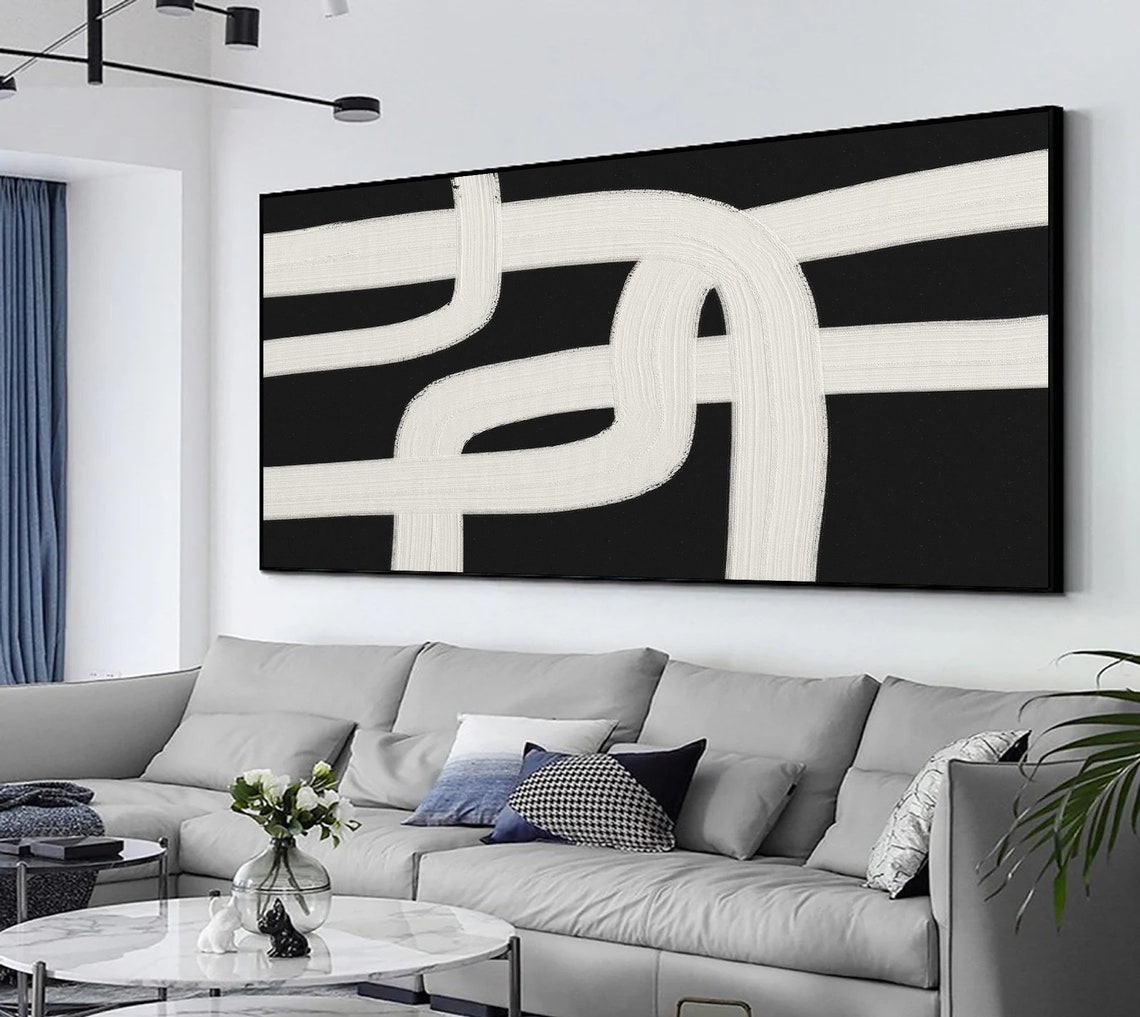White Woven Bands Interlaced On Black Abstract Textured Art Poster - Image 5