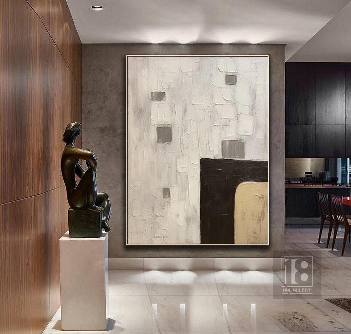 Scattered Gray Squares With Black Block on Pale Abstract Poster - Image 4