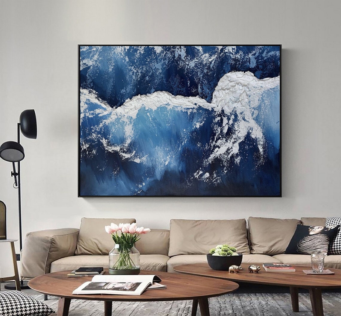 Deep Blue Ocean White Foam Crashing Waves Impasto Textured Poster - Image 4