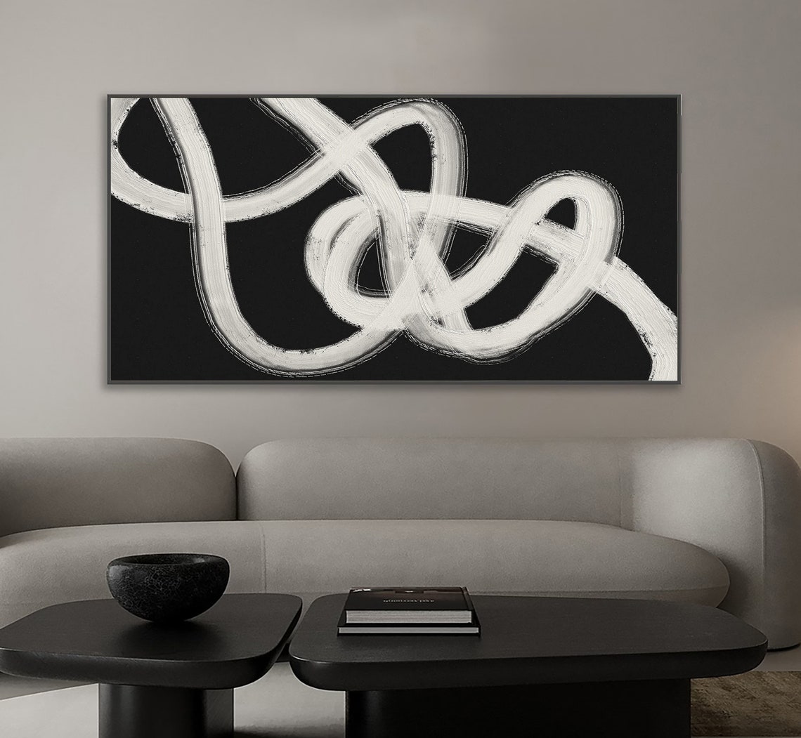 White Tangled Knot Brushstrokes On Black Abstract Art Poster - Image 4