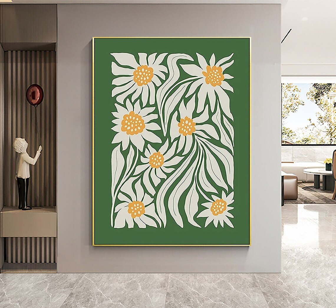 Green Retro Daisy Floral Art With Mustard Centers Botanical Poster - Image 2