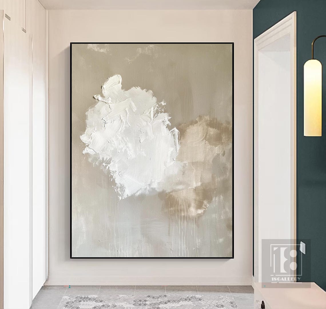 Large White Cloud Abstract Painting Neutral Beige Wall Decor White Texture Wall Art Framed Oil Painting Artwork For Living Room - Image 3