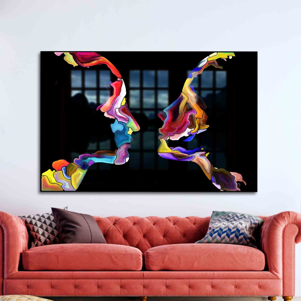 Colorful Abstract Couple Faces Black Background Modern Love Art Poster