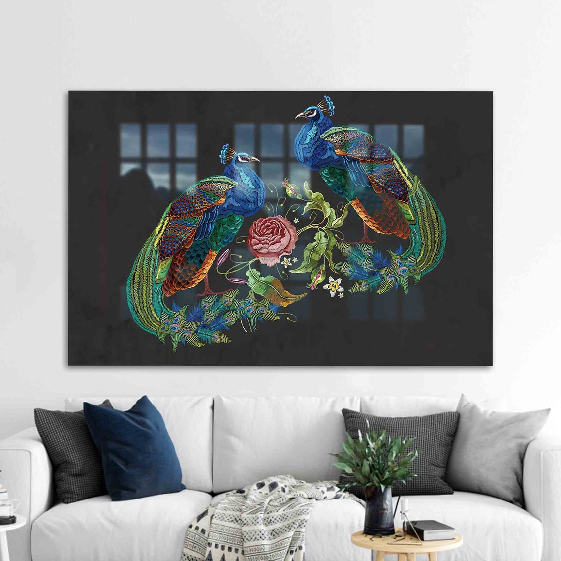 Embroidered Peacocks Black Background Floral Bird Art Decor Poster