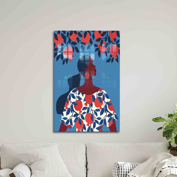 Woman With Pomegranates Modern Botanical Illustration Glass Wall Art