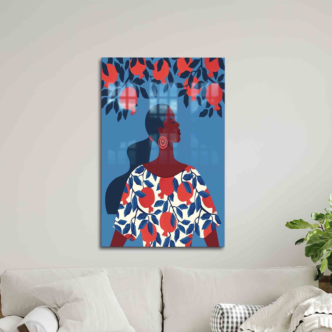 Woman With Pomegranates Modern Botanical Illustration Glass Wall Art