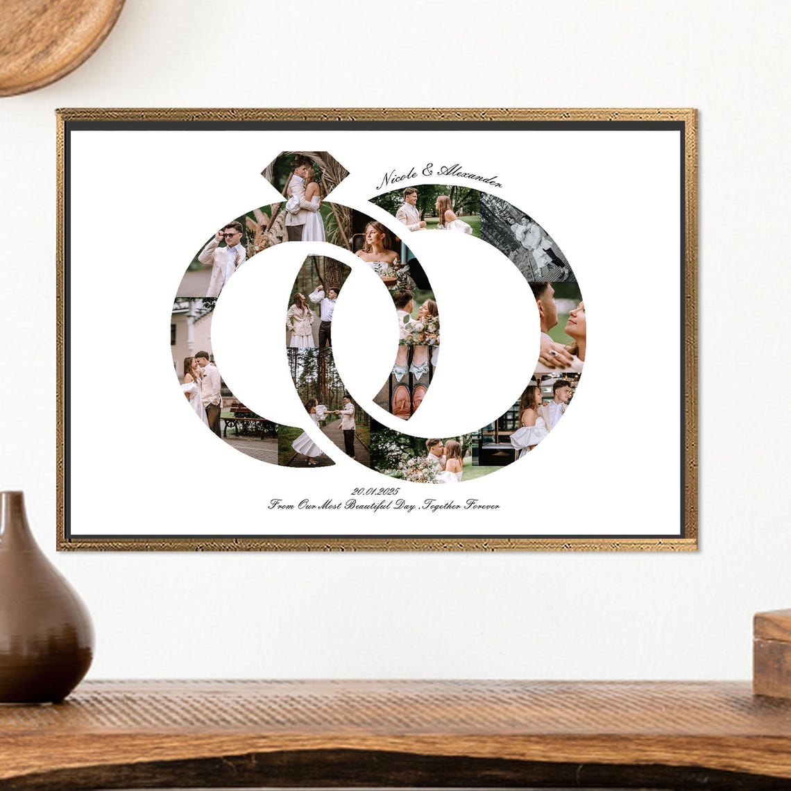 Personalized Wedding Rings Photo Collage Anniversary Couple Gift Print