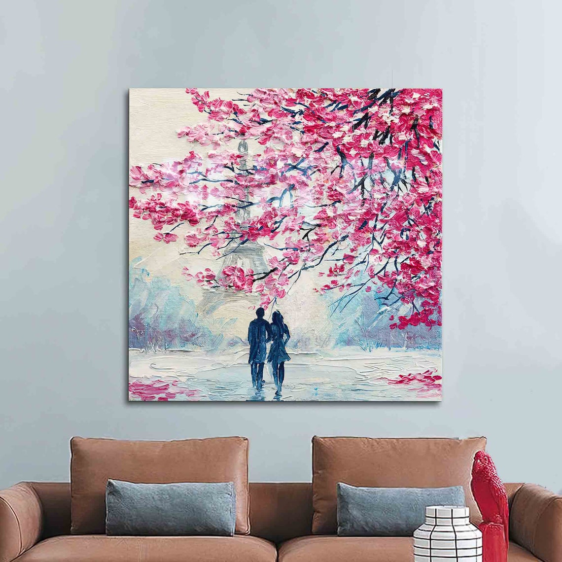 Couple Under Pink Blossom Tree Eiffel Tower Paris Romance Poster