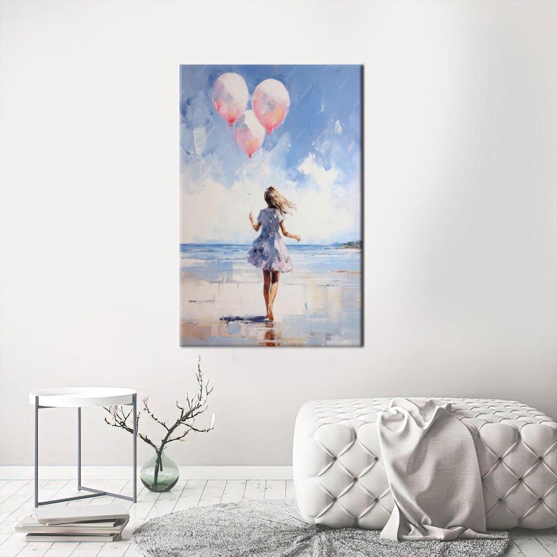 Little Girl Pink Balloons Beach Running Dreamy Painting Poster