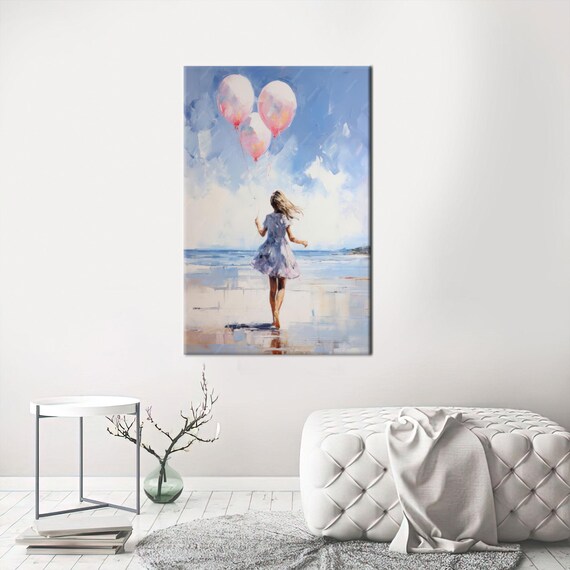 Little Girl Pink Balloons Beach Running Dreamy Painting Poster