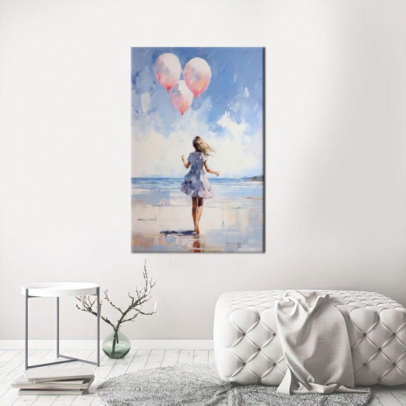 Pink Canvas Decor Blue Poster Personalized Gift Modern Print Girl With Balloons Home Decoration