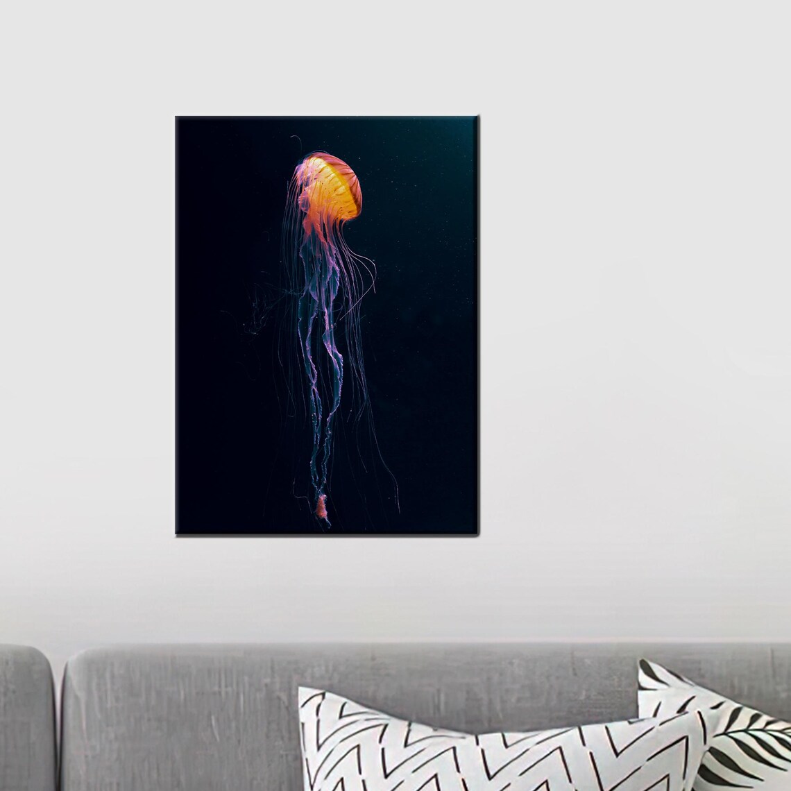 Glowing Orange Jellyfish in Deep Sea Marine Life Photo Poster