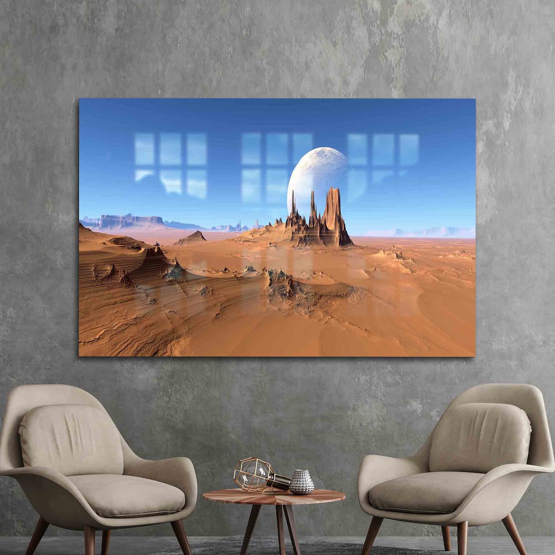 Alien Desert Planet Surreal Giant Moon Landscape Sci Fi Art Poster