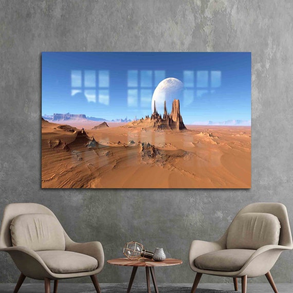 Wall Decoration Glass Art Printing Moon Over Desert View Abstract Planet Landscape
