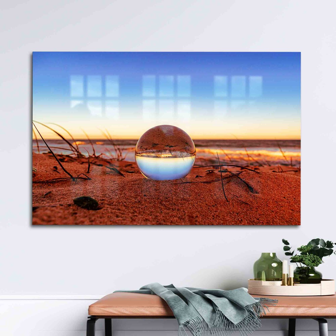 Glass Sphere On Beach At Sunset Lensball Photography Wall Poster